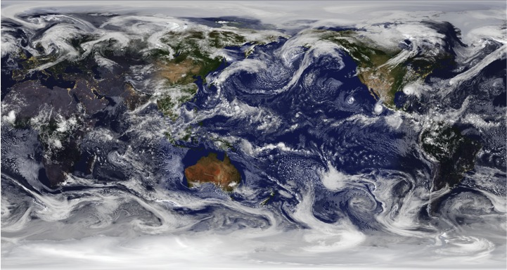 Satellite image of the Earth showing the oceans, continents and clouds.