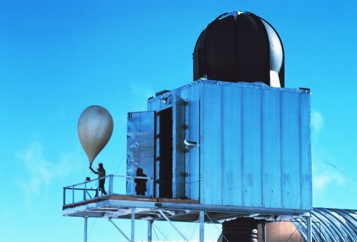 Two people standing on a platform in front of a radar installation, ready to release a weather balloon