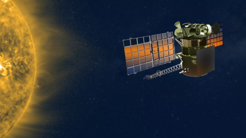 Artist's depiction of the Deep Space Climate Observatory satellite in space and the Sun showing solar flares